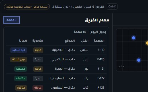 لقطة من نسخة العرض الحية لـ FieldOps: خريطة مهام ميدانية مع مزامنة عند عودة الاتصال