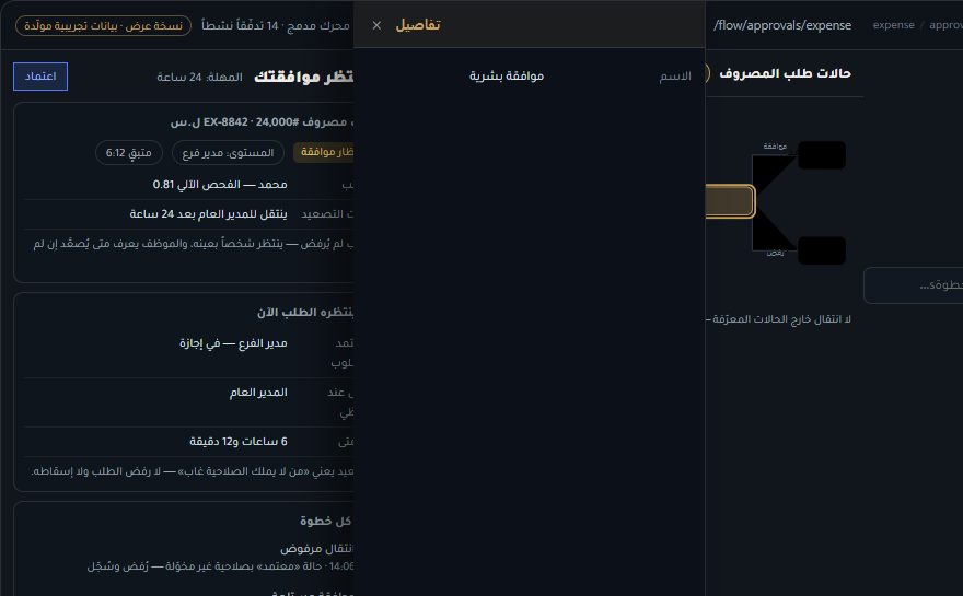 لقطة للوحة اعتماد المصروفات في FlowOS