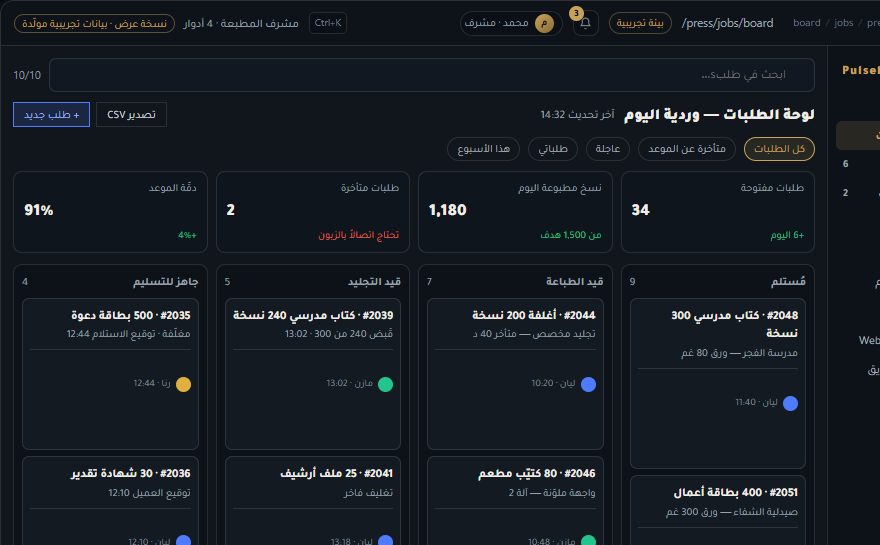 لقطة من نسخة العرض الحية لـ Pulseboard — لوحة العمليات