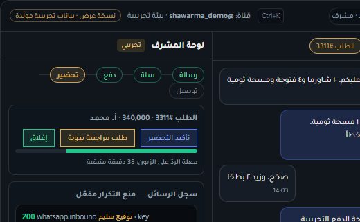 لقطة من نسخة العرض الحية لـ Relay: محادثة واتساب مع سلة طلب مطعم